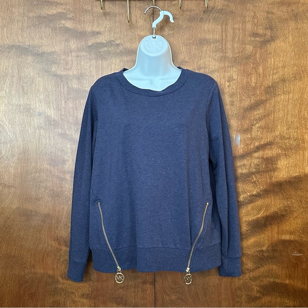 Michael Kors Crew Neck Zipper Side Sweatshirt Womens M Blue Long Sleeves Cotton